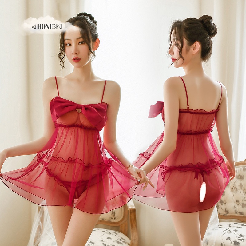 Set đầm ngủ xuyên thấu Sexy gợi cảm và quần lót lọt khe quyến rũ cho nữ HONIBIKI Mã VN020