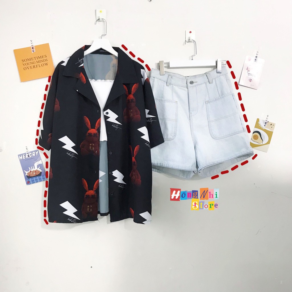Áo sơ mi hoạ tiết tay lỡ dáng rộng, sơ mi hoa đi biển, sơ mi đen hình thỏ tay lửng unisex - mm | BigBuy360 - bigbuy360.vn