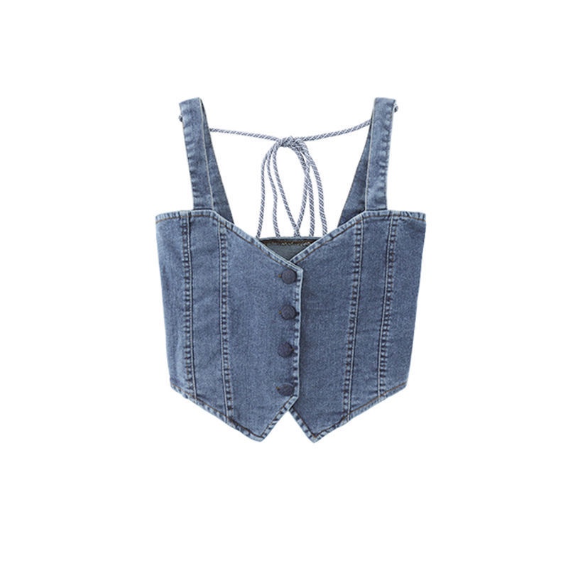 Áo Denim Hai Dây Buộc Dây Màu Trơn Phong Cách Mới Mùa Hè Chất Lượng Cao Cho Nữ