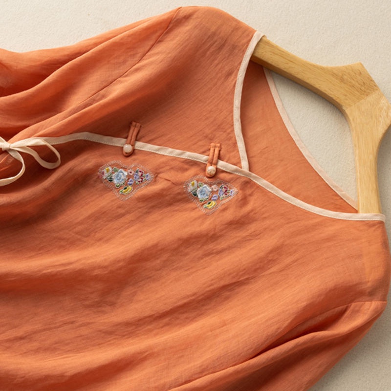 Áo Sơ Mi cotton linen Tay Lửng Dáng Rộng Thêu Họa Tiết Dân Tộc Phong Cách Thời Trang Mới 2022 Kích Thước m-4xl