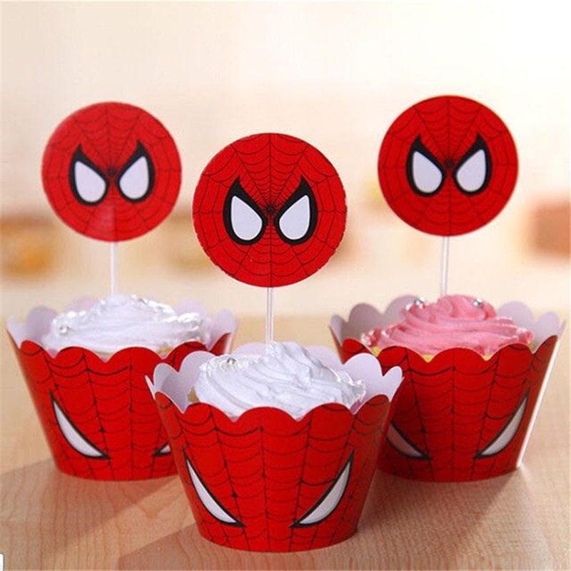 Bộ 24 Món Chén Đĩa / Cốc Giấy Dùng Một Lần In Hình Spiderman Hoạt Hình Trang Trí Tiệc Sinh Nhật Cho Bé