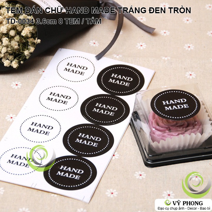 TEM DÁN STICKER CHỮ HAND MADE TRẮNG ĐEN NHÃN DÁN NIÊM PHONG TRANG TRÍ HỘP QUÀ BAO BÌ BÁNH KẸO TD-0034