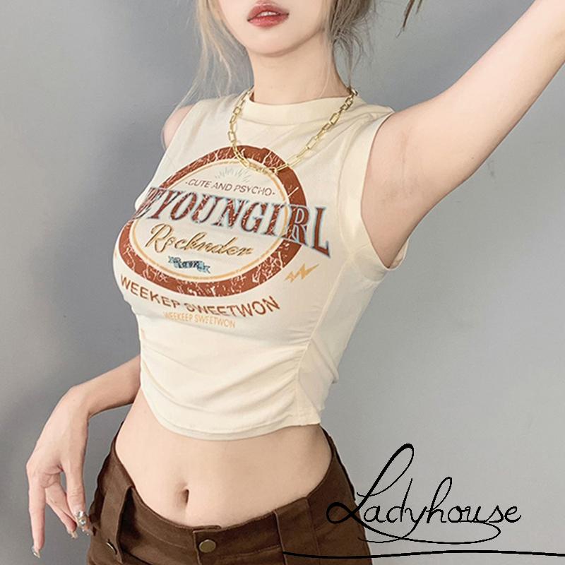 Áo Croptop Cổ Tròn Không Tay In Chữ Màu Sắc Tương Phản Dành Cho Nữ