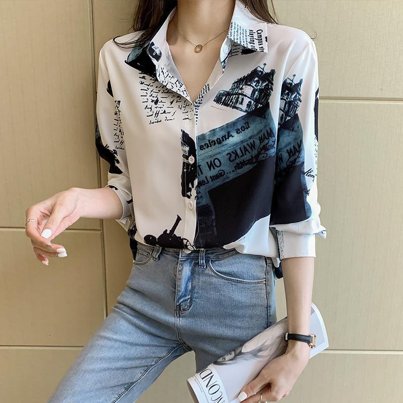 Áo Sơ Mi Chiffon Tay Dài Dáng Rộng In Họa Tiết Kiểu Retro Xinh Xắn Cho Nữ