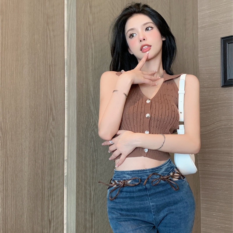 Áo Hai Dây Dệt Kim Cổ Chữ V Thời Trang Mùa Hè Quyến Rũ