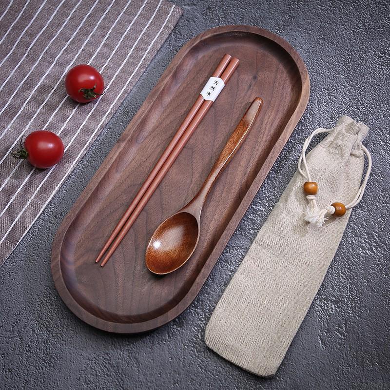 Bộ 3 Món Muỗng Đũa Nĩa Bằng Gỗ Tay Cầm Dài Màu Trơn Phong Cách Hàn Quốc