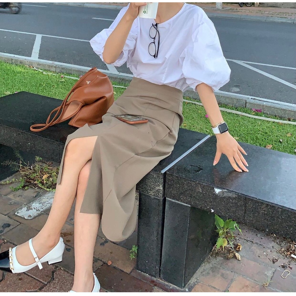 Chân váy công sở dáng dài xẻ tà một bên phong cách Hàn Quốc trẻ trung năng động H05