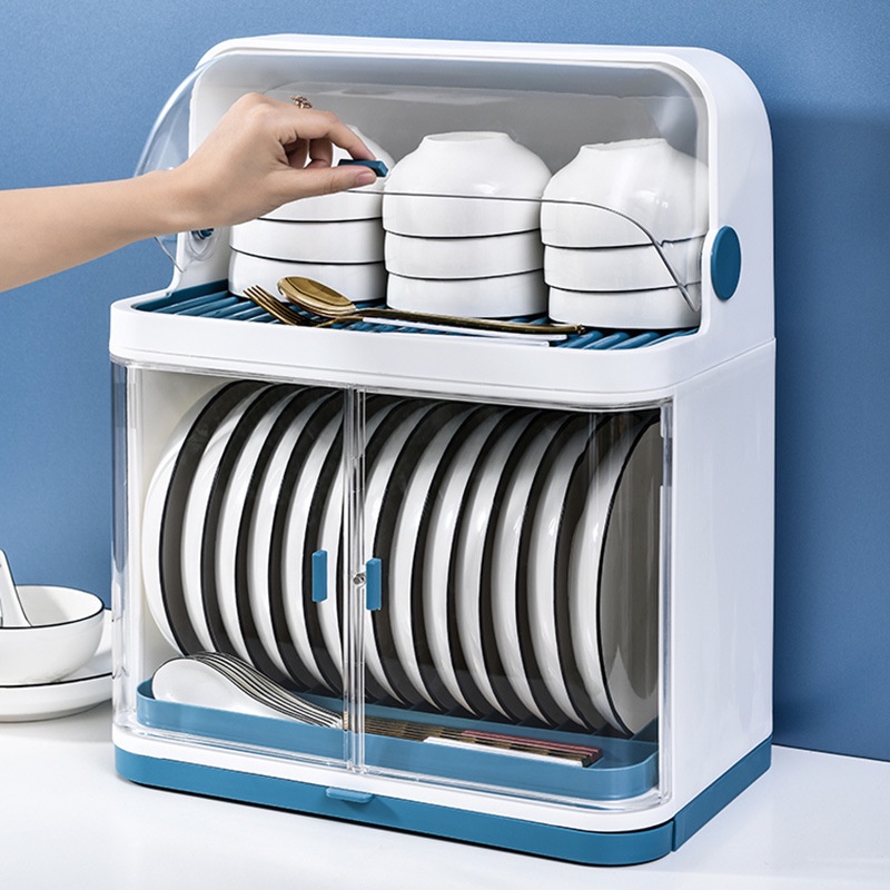 Kệ Đựng Chén Bát Có Nắp Đậy 2 Tầng, Tủ Nhà Bếp Đa Năng Chống Côn Trùng, Bám Bụi 45x38x25cm