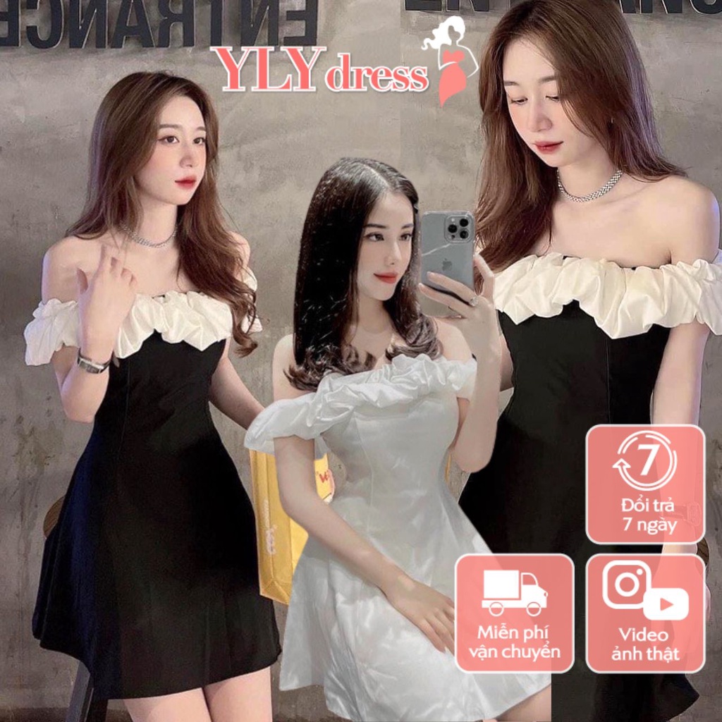 Váy đầm nữ trễ vai đen trắng Kiss Dress freesize ôm body sexy đi tiệc đi biển hở vai sexy dáng A hàn quốc Ylydress C996