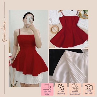 Áo 2 dây peplum và Chân váy trắng xếp ly
