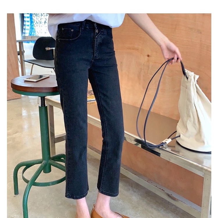 Quần jean Denim nữ Suông Quần bò đen lửng nữ Ống suông Cạp cao Lưng cao Ulzzang Thời trang Hàn Quốc