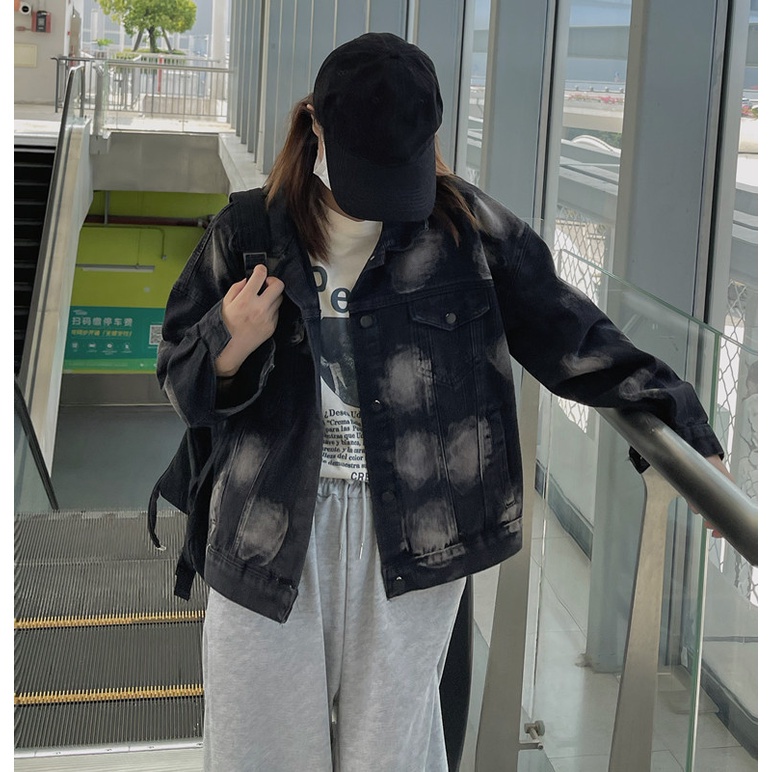 Áo khoác denim nhuộm màu đen dáng rộng phong cách Hàn Quốc