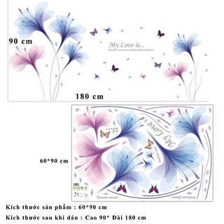 DECAL DÁN TƯỜNG COMBO HOA XANH TÍM MỎNG