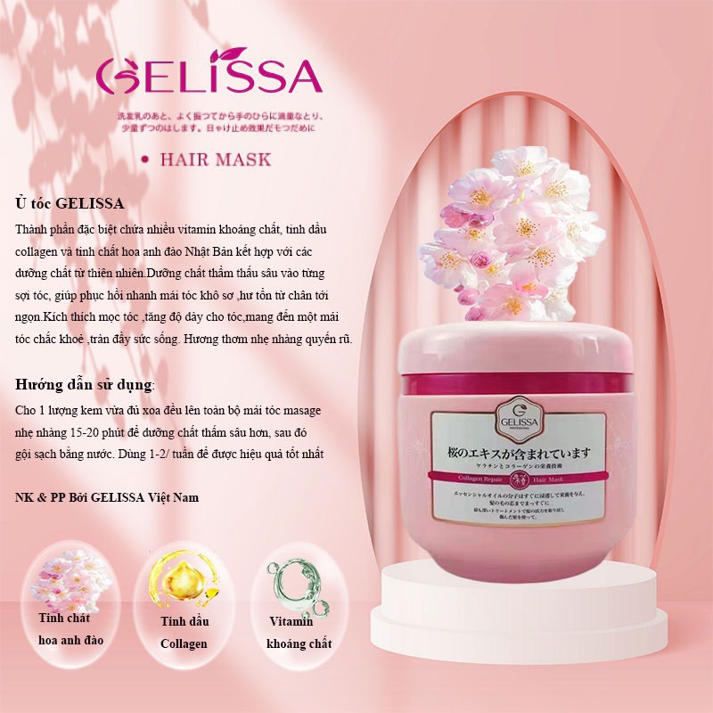 Dầu Gội Dầu Xả Kem Ủ Hấp Tóc GELISSA SAKURA 750ml 1000ml Hoa Anh Đào Nhật Bản chăm sóc tóc và phục hồi tóc hư tổn