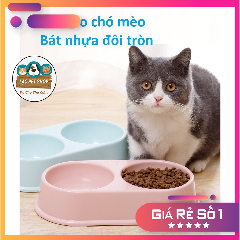 Bát ăn chó mèo Bát nhựa đôi tròn 2 ngăn chén ăn uống thú cưng - Màu ngẫu nhiên