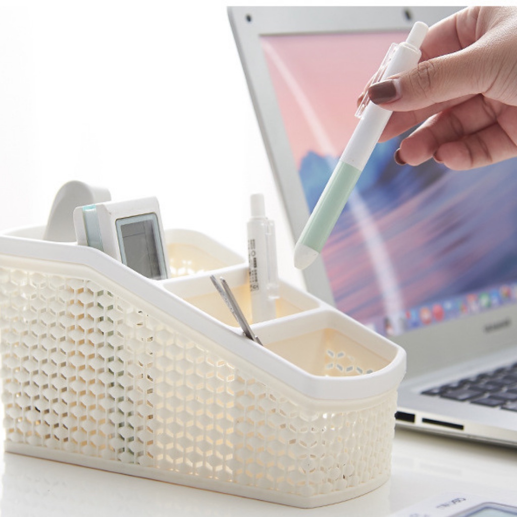 Khay/ giỏ cắm bút, dụng cụ văn phòng nhựa giả mây Việt Nhật 4 ngăn đựng đồ đa năng