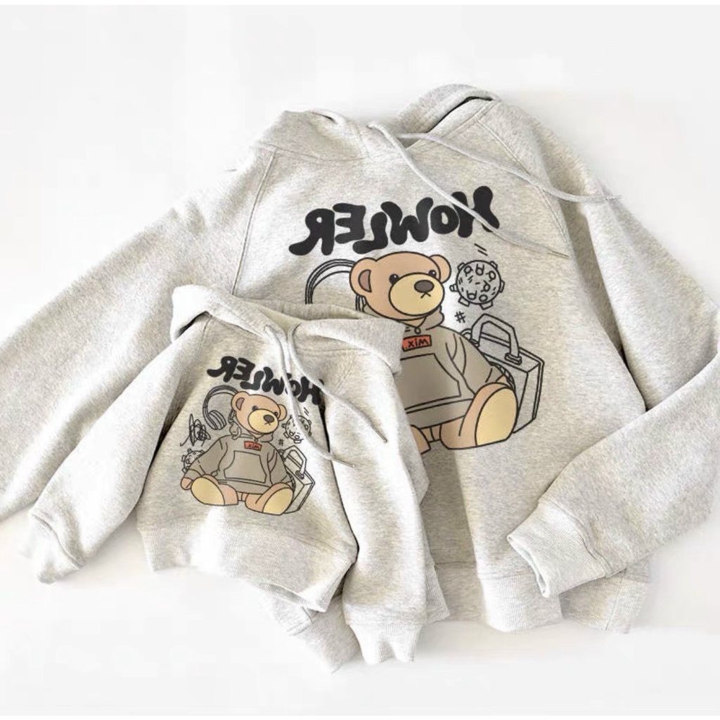 Áo đôi mẹ bé hoodie nỉ bông xám hình gấu BINSHOUSE | BigBuy360 - bigbuy360.vn