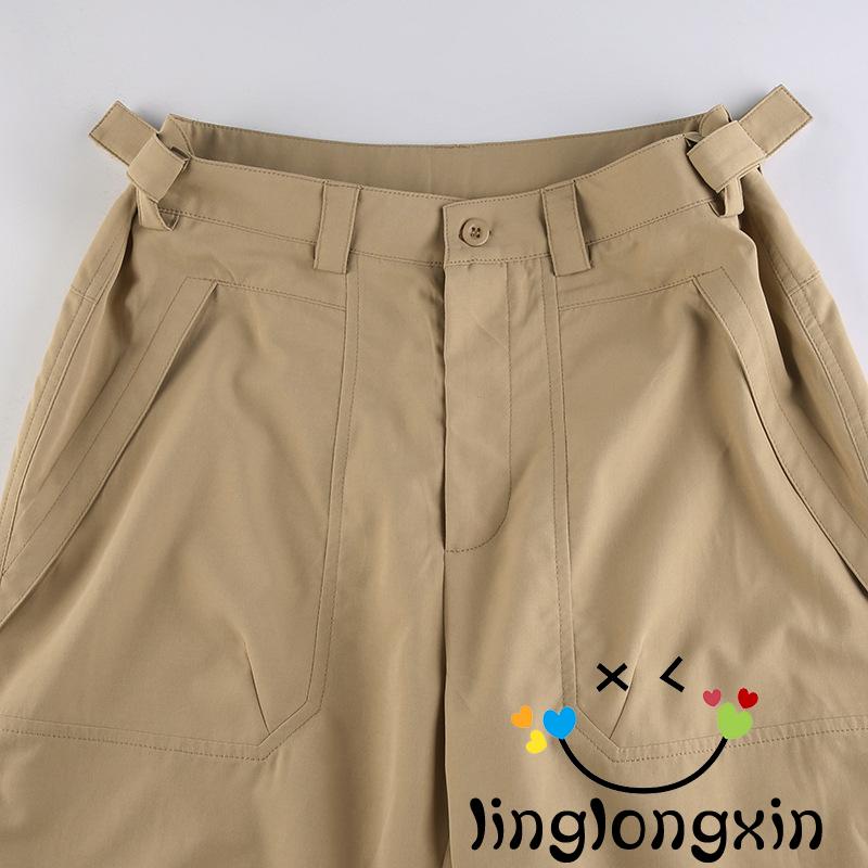 Linglongxi2-quần Dài Túi Hộp Màu Trơn Dáng Suông Phối Khóa Cài Đơn Giản Cho Nữ