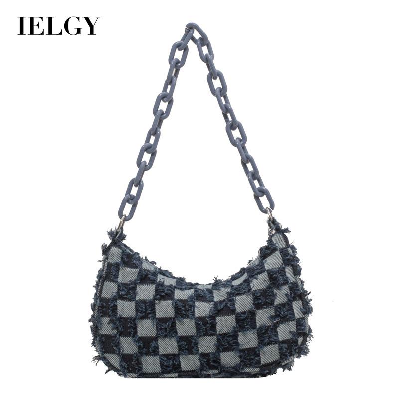 Túi IELGY đeo vai vải denim họa tiết kẻ sọc thời trang cho nữ