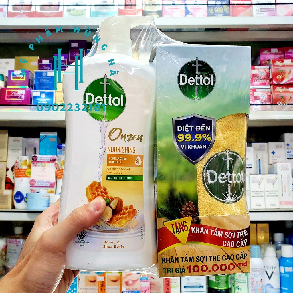 Sữa tắm Dettol, kháng khuẩn và dưỡng thể chiết xuất mật ong và bơ hạt mỡ, tặng kèm khăn tắm Dettol Onzen Nourishing 950g