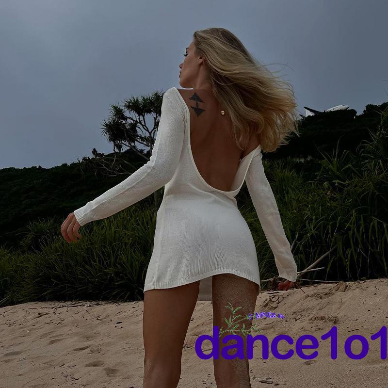 Đầm Khiêu Vũ1O1-Đầm Hở Lưng Cổ Thuyền Tay Dài Dệt Kim Cho Nữ