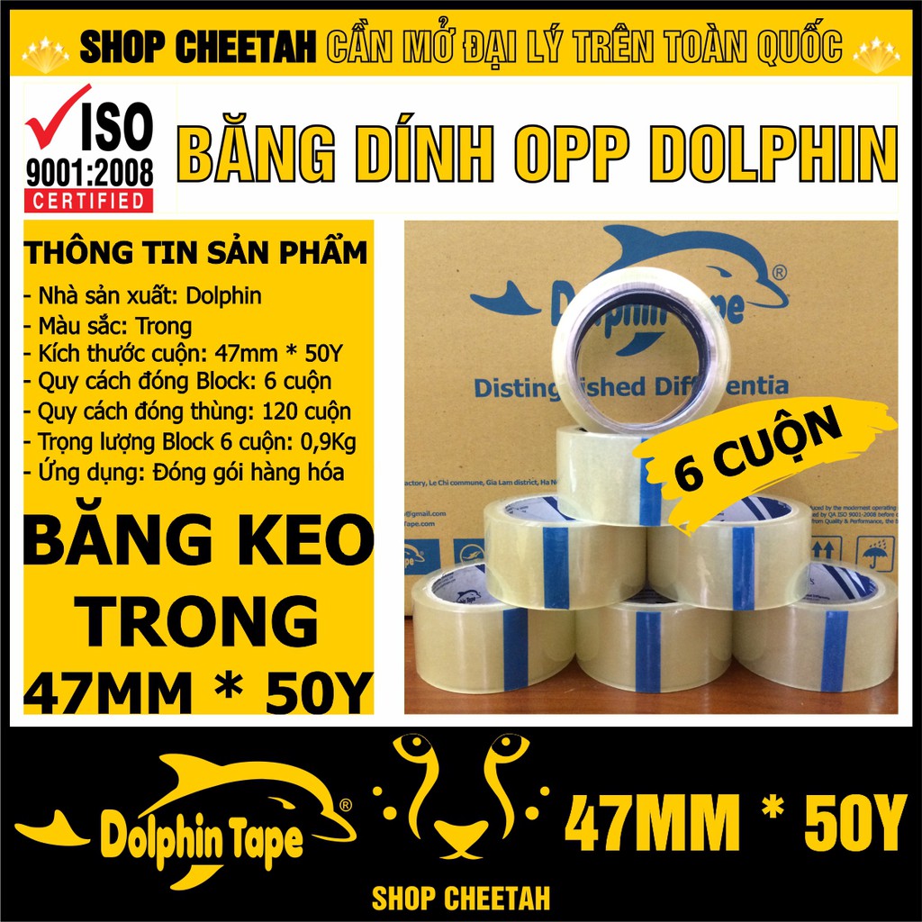 Block 6 cuộn băng dính OPP dài 50Y màu Trong – Băng dính Dolphin – Chuyên dùng cho đóng gói hàng hóa – Đóng thùng carton