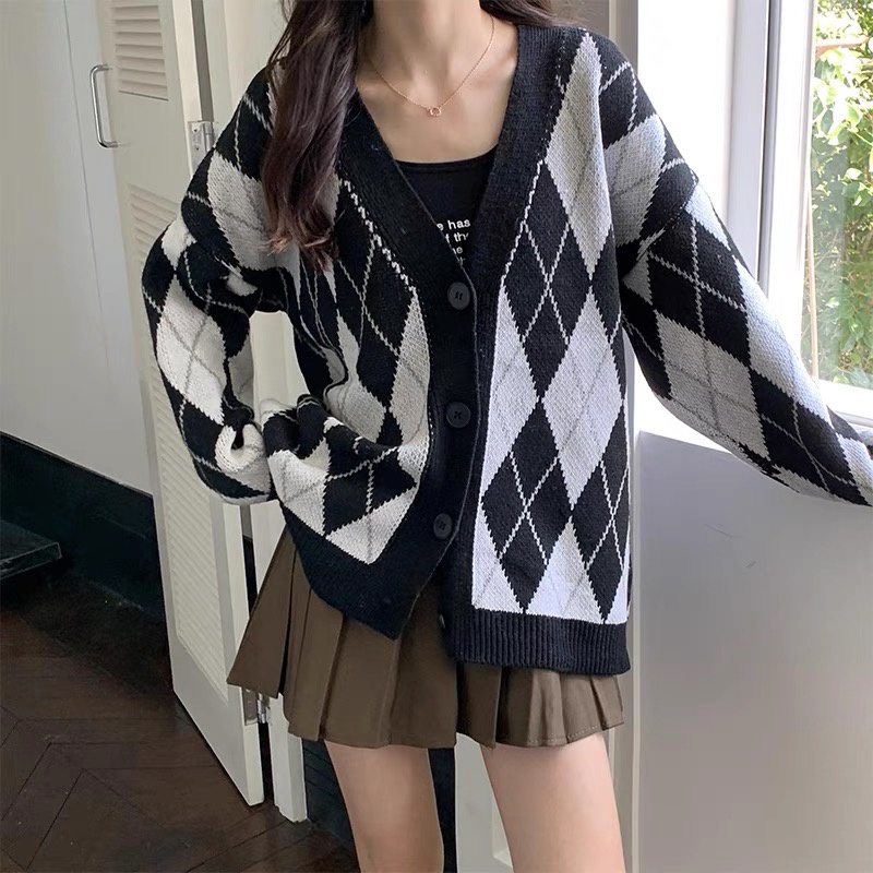 Áo khoác cardigan len caro nữ dáng dài rộng dày dặn dệt kim phong cách Hàn Quốc trẻ trung dễ phối đồ