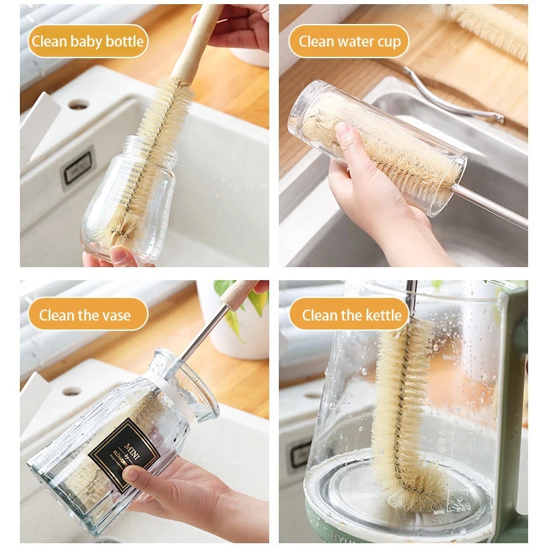 Bàn Chải Vệ Sinh Bình Thủy Tinh/Bình Sữa Em Bé Cán Gỗ Dài