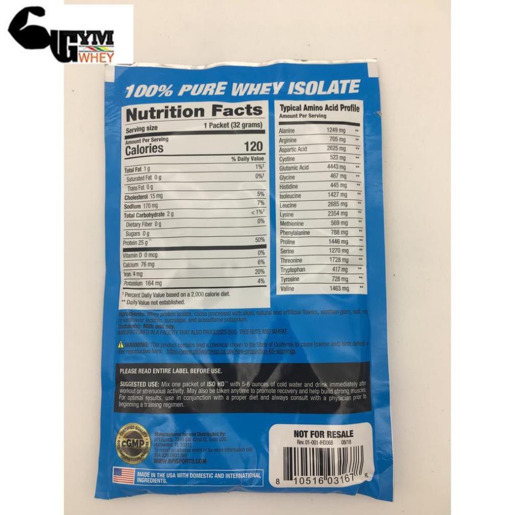 Gói thử Sample sữa tăng cơ bắp Bpi Bpisports Iso HD 100% whey isolate 1 lần dùng (32gram)