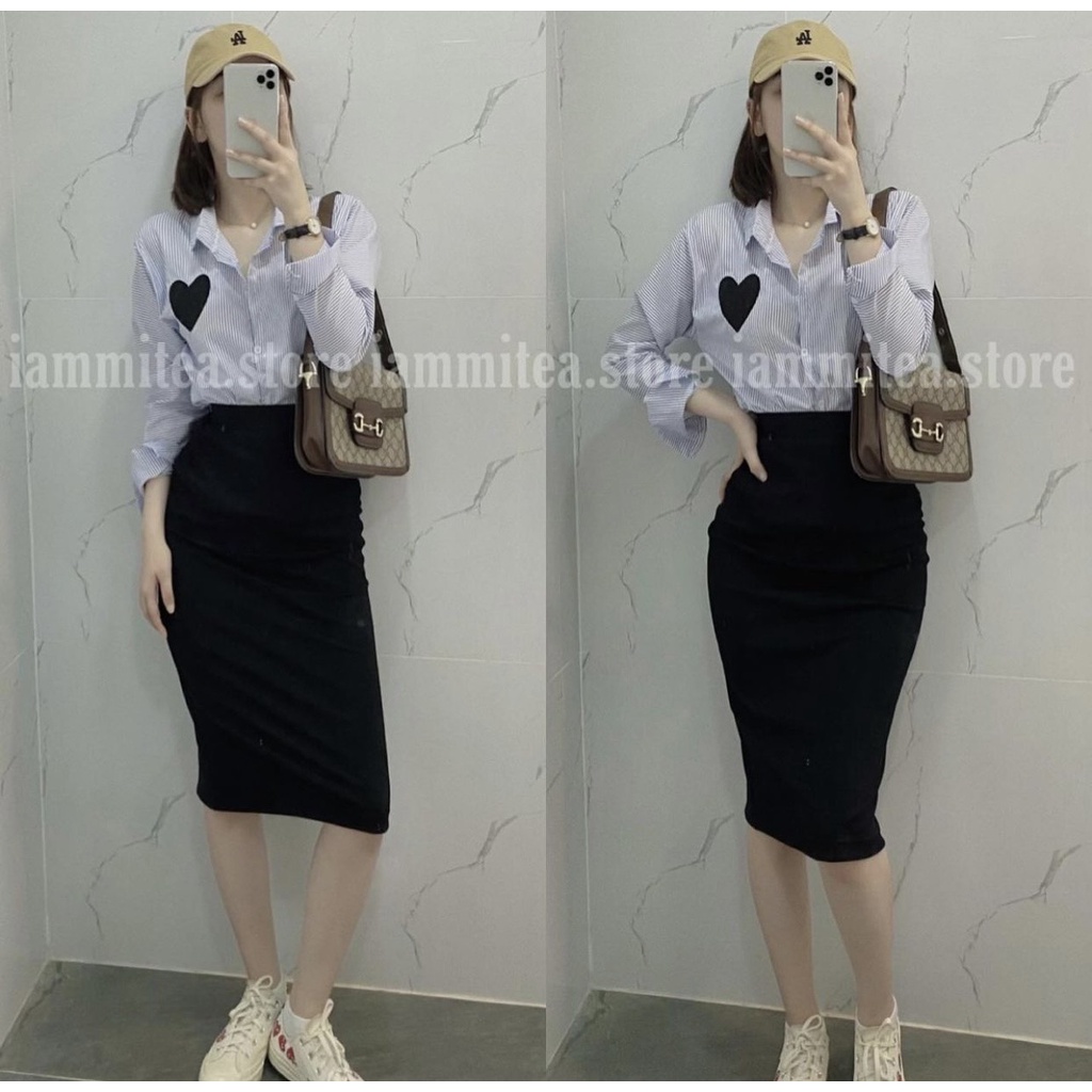Áo sơ mi kẻ tay dài in họa tiết trái tim phong cách Hàn Quốc