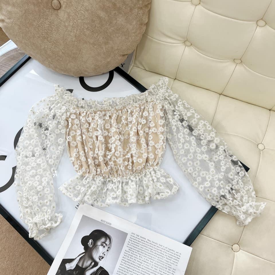 [Ảnh thật] Áo croptop lưới bi hoa trễ vai bèo tay dài nhún phồng