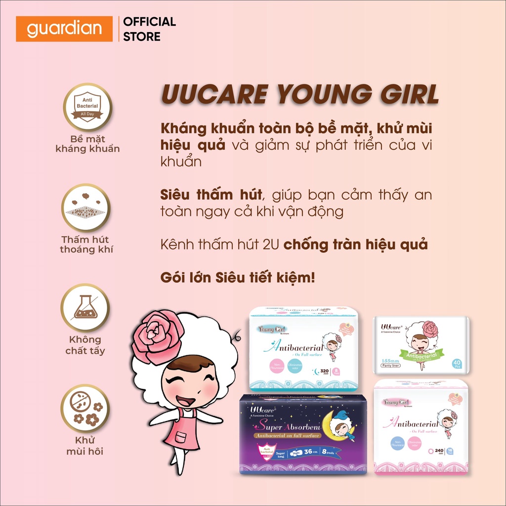 Băng Vệ Sinh UUcare Young Girl Kháng Khuẩn Hàng Ngày 15.5cm (40 Miếng)