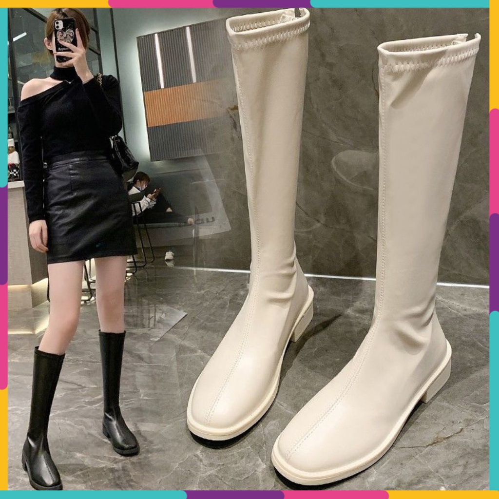 Bốt đùi cao cổ Da mềm khóa sau cao cấp dành cho nữ đế thấp đi êm chân