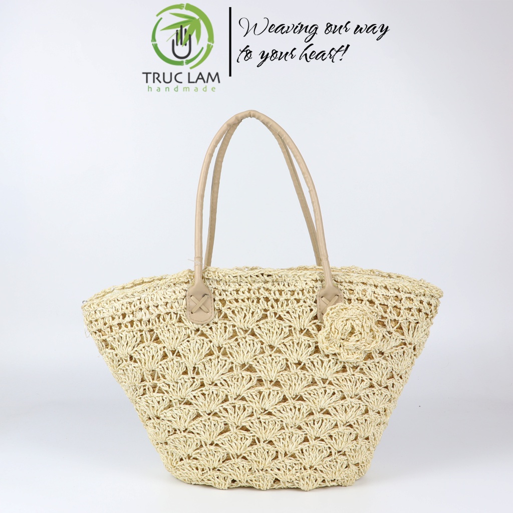 Túi Cói Xách Tay Quai Da Thật Sợi Se Bện Thủ Công Gắn Bông Hoa Trang Trí – Trúc Lâm Handmade