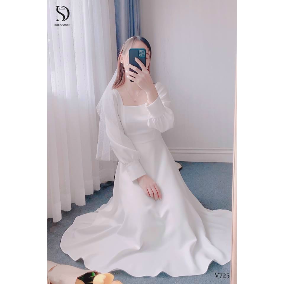 Váy đầm trắng dự tiệc maxi Vintage cổ vuông tay dài chụp kỉ yếu chất cotton Nhật mềm V0080 full size ELLY DRESS