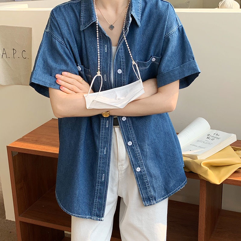 Áo Sơ Mi Tay Ngắn Chất Liệu Denim Mỏng Thời Trang Mùa Hè Phong Cách Hàn Quốc Mới Cho Nữ 2022
