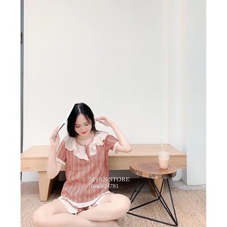 Bộ ngủ kẻ caro phối bèo voan tơ