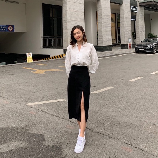 ZIEL Chân váy xẻ cao cấp dáng midi đen | Slit Skirt