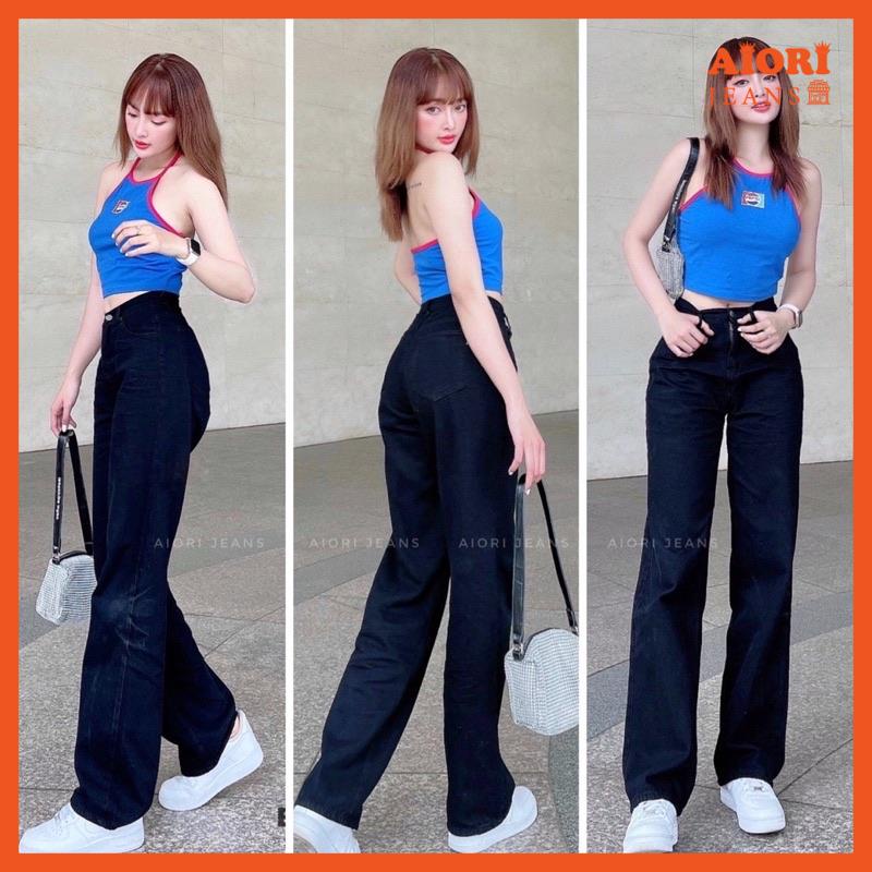 Quần Jean Nữ Aiori Ống Rộng Lưng Cao Trơn Màu Đen Jeans Ống Suông Cạp Cao Cotton Mềm Mịn, Thời Trang Hàn Quốc_AJ3099