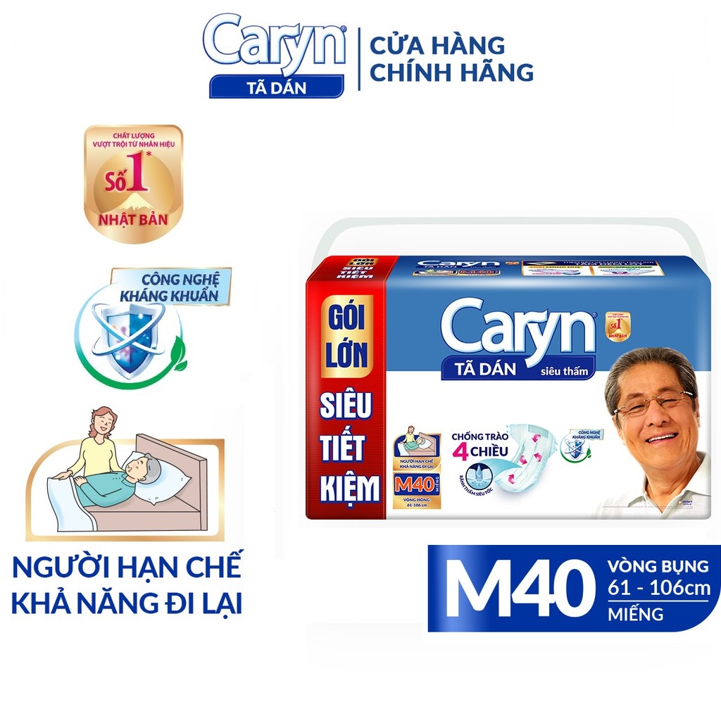 Tã Dán Người Lớn Caryn Siêu Thấm Size M - 40 Miếng Gói Siêu Tiết Kiệm,bĩm dán caryn người già vòng bụng 61-106cm