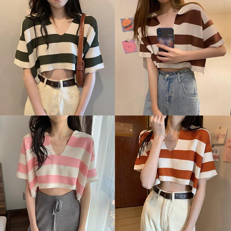 Áo Croptop Tay Ngắn Cổ Chữ V Hoạ Tiết Kẻ Sọc Nhiều Màu Sắc | BigBuy360 - bigbuy360.vn