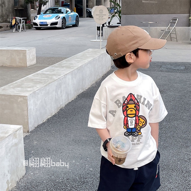 Áo Thun 100% Cotton Tay Ngắn In Hình Hoạt Hình Phong Cách Hàn Quốc Cho Bé Trai