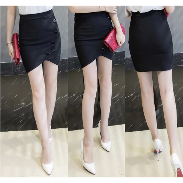 Chân váy thun bút chì big size màu đen đắp chéo đính nút size lớn 68-80kg