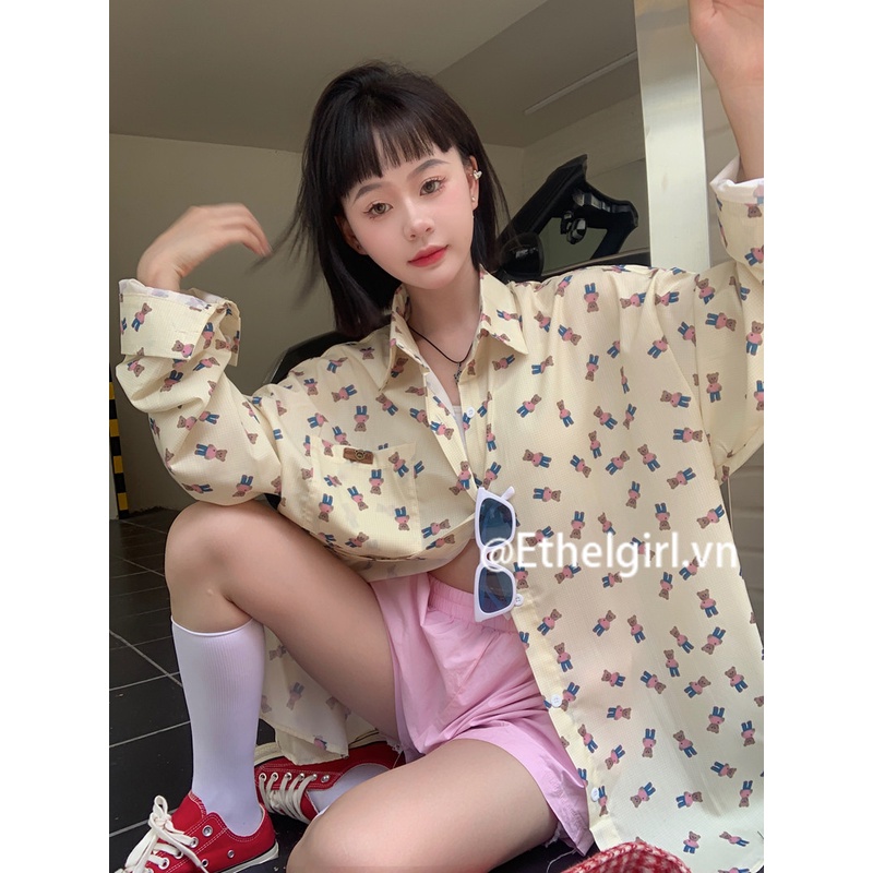 Áo Sơ Mi Tay Dài Dáng Rộng In Họa Tiết Chú Gấu Phong Cách Hàn Quốc Cổ Điển Thời Trang Cho Nữ