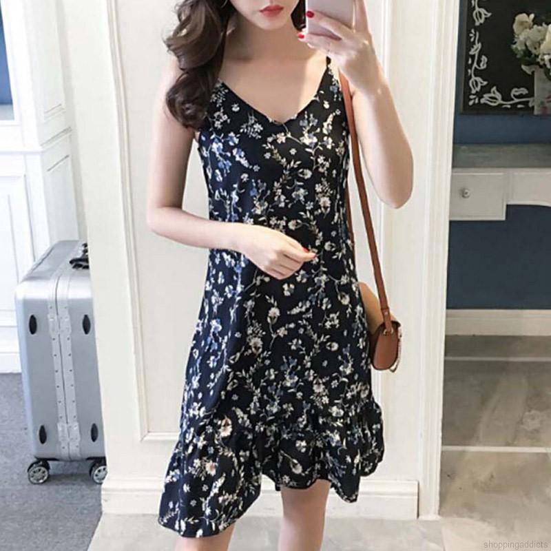 Đầm hai dây cổ chữ V hoạ tiết hoa thanh lịch vải chiffon nhẹ nhàng | BigBuy360 - bigbuy360.vn