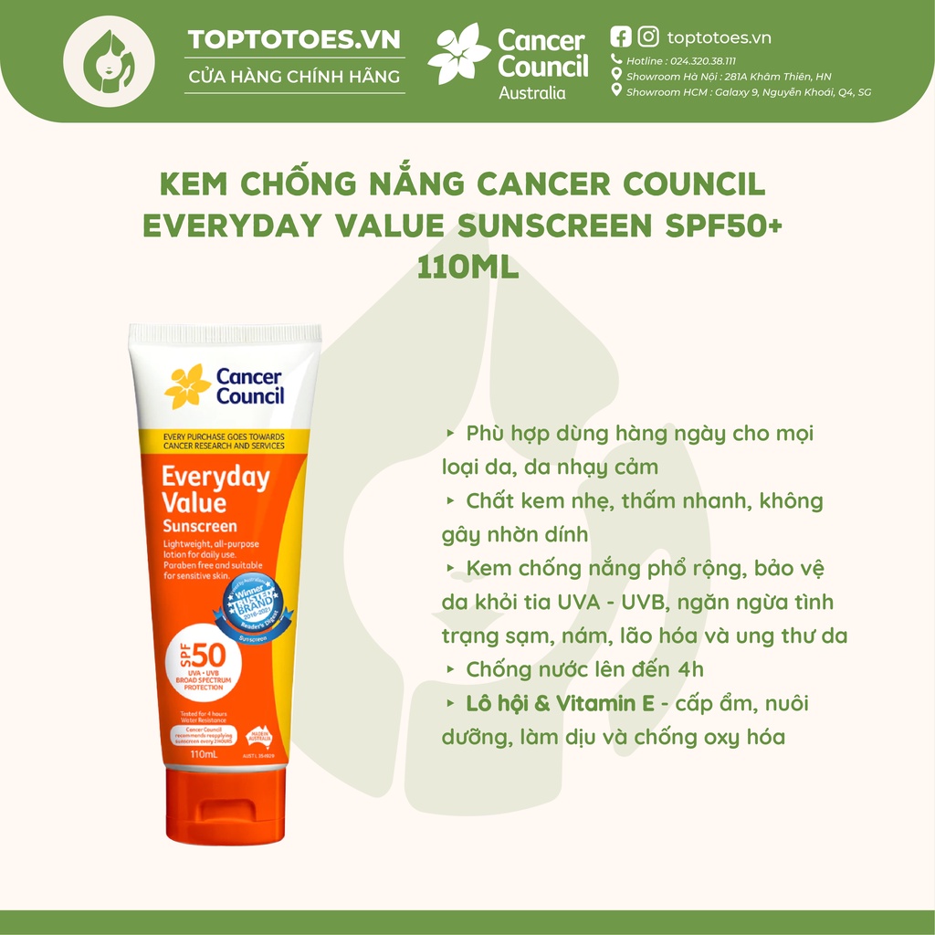 Kem chống nắng hàng ngày Cancer Council Everyday Value Sunscreen SPF50+ dành cho mọi loại da 110ml
