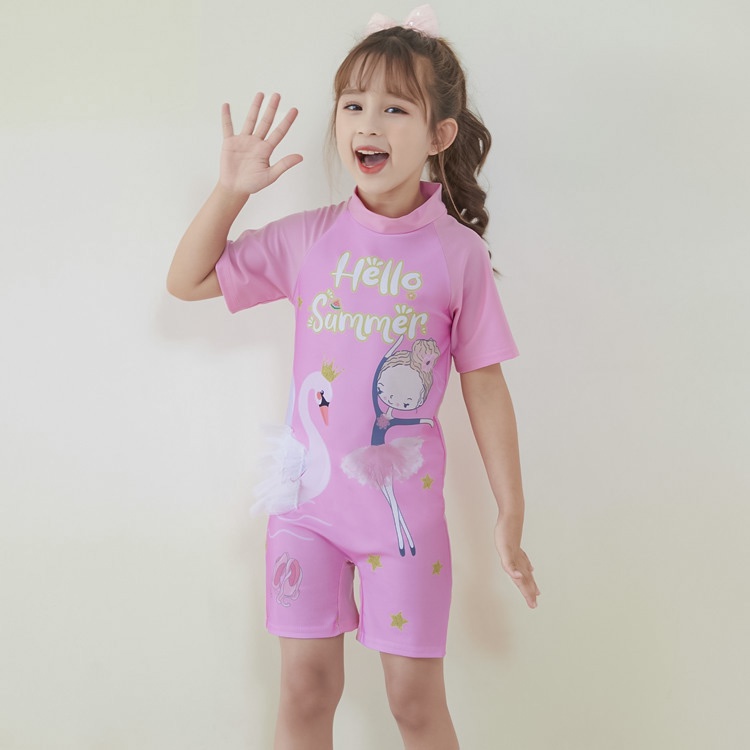 Đồ bơi trẻ em , đồ bơi bé gái | liền thân tay ngắn bao gồm nón bơi họa tiết kỳ lân size cho bé đến 30kg