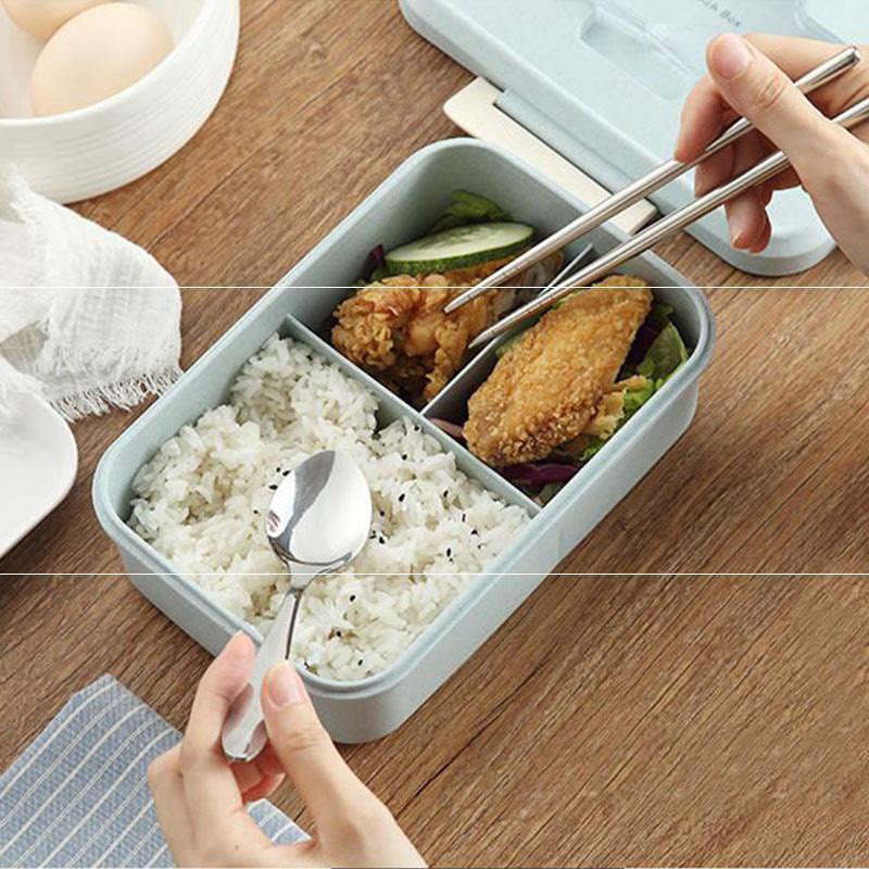 HỘP ĐỰNG CƠM VĂN PHÒNG 3 NGĂN - HỘP CƠM LÚA MẠCH TẶNG KÈM ĐŨA, THÌA INOX