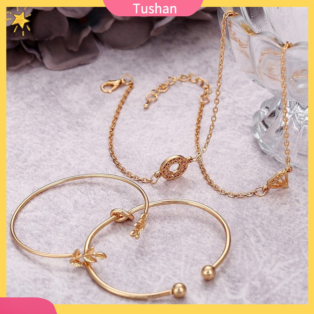 TUSH_4Pcs/Set Boho Women Leaf Knot Hollow Crystal Open Bangle Bracelet Jewelry Decor