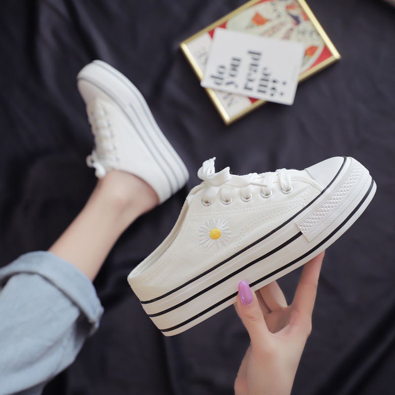 NewHeight Increasing Insole Little Daisy Canvas Shoes for Women Korean Students All-Match Platform Semi Slipper White Shoes Women2021Spring and Summer Women's Shoes